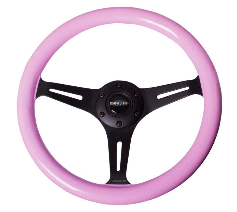 NRG Solid Pink Painted Grip 3 Black Spokes 350mm Classic Wood Grain Wheel Universal - eliteracefab.com