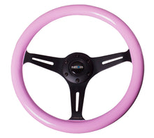 Load image into Gallery viewer, NRG Solid Pink Painted Grip 3 Black Spokes 350mm Classic Wood Grain Wheel Universal - eliteracefab.com