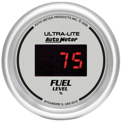 Autometer Ultra-Lite Digital 2-1/16in 0-280 OHM Silver Dial w/ Red LED Programmable Fuel Level Gage 6510