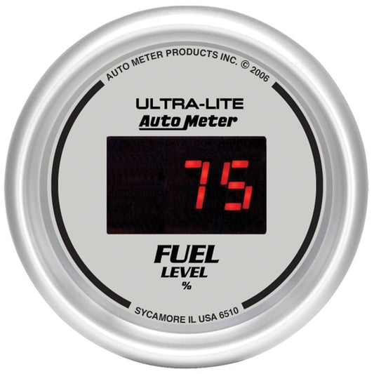 Autometer Ultra-Lite Digital 2-1/16in 0-280 OHM Silver Dial w/ Red LED Programmable Fuel Level Gage 6510