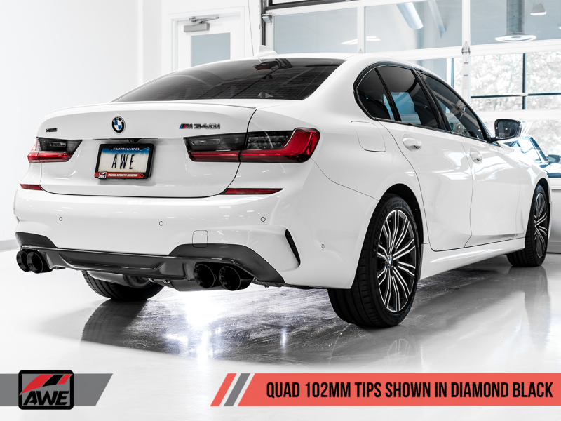 AWE Tuning 2019+ BMW M340i (G20) Resonated Touring Edition Exhaust - Quad Diamond Black Tips - eliteracefab.com