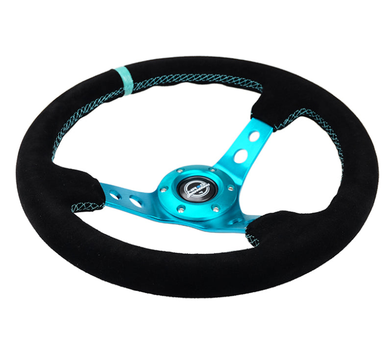 NRG Reinforced Steering Wheel (350mm/ 3in. Deep) Black Suede/ Teal Center Mark/ Teal Stitching - RST-006S-TL NRG