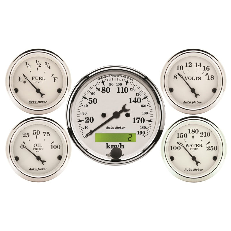 Autometer Old Tyme White 5 Pc Kit-Elec Speed(Km/H)/Elec Oil Press/Water Temp/Volt/Fuel Level 1602-M