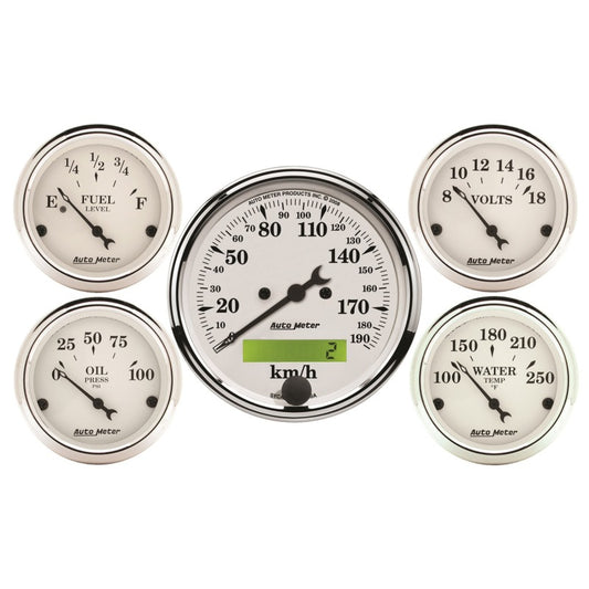 Autometer Old Tyme White 5 Pc Kit-Elec Speed(Km/H)/Elec Oil Press/Water Temp/Volt/Fuel Level 1602-M