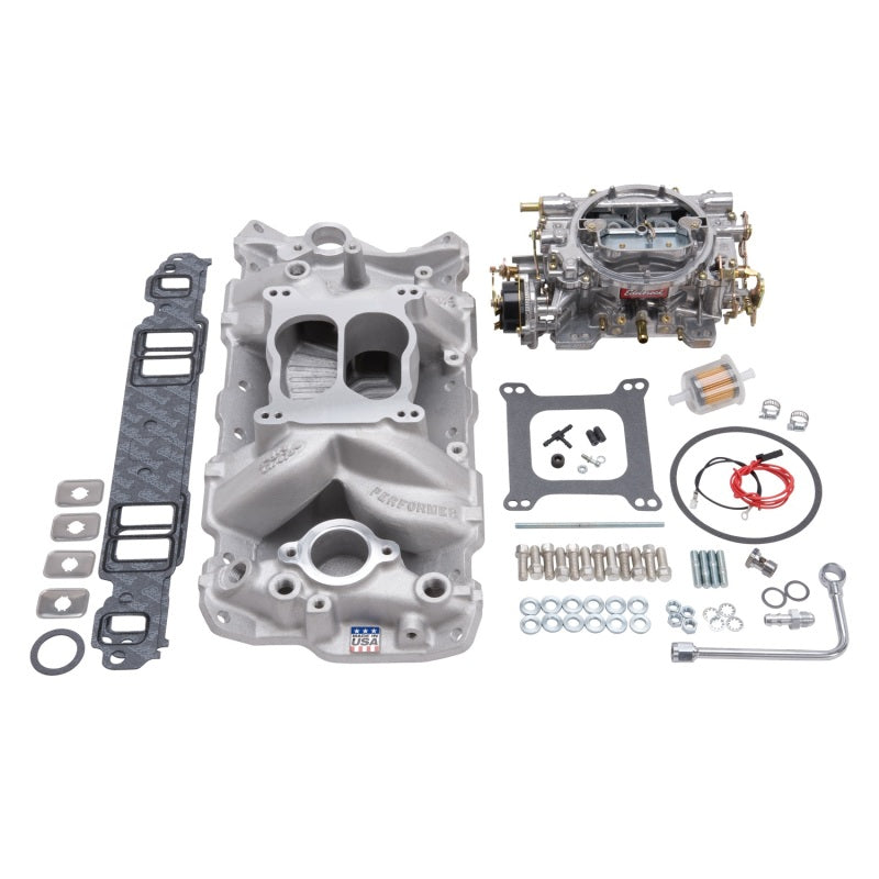 Edelbrock Manifold And Carb Kit Performer Air-Gap Small Block Chevrolet 1957-1986 Natural Finish