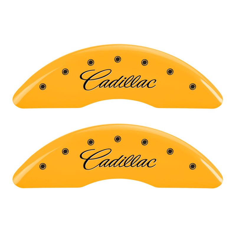 MGP 4 Caliper Covers Engraved Front Cursive/Cadillac Engraved Rear CTS Yellow finish black ch MGP