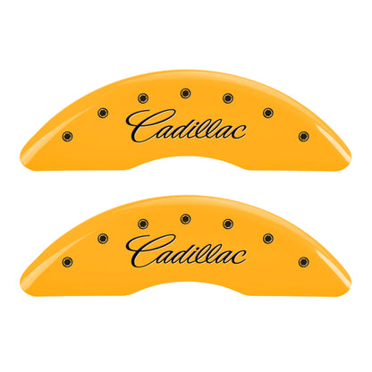 MGP 4 Caliper Covers Engraved Front Cursive/Cadillac Engraved Rear CTS Yellow finish black ch MGP