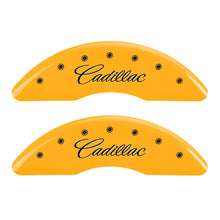 Load image into Gallery viewer, MGP 4 Caliper Covers Engraved Front Cursive/Cadillac Engraved Rear CTS Yellow finish black ch