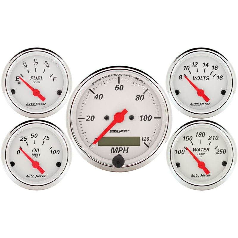 Autometer Arctic White 5 Pc Kit Box w/ Elec Speedo, Elec Oil Press, Water Temp, Volt, Fuel Level 1302