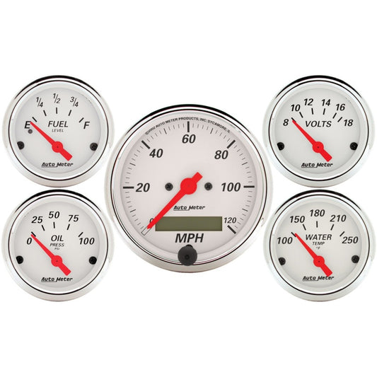 Autometer Arctic White 5 Pc Kit Box w/ Elec Speedo, Elec Oil Press, Water Temp, Volt, Fuel Level 1302