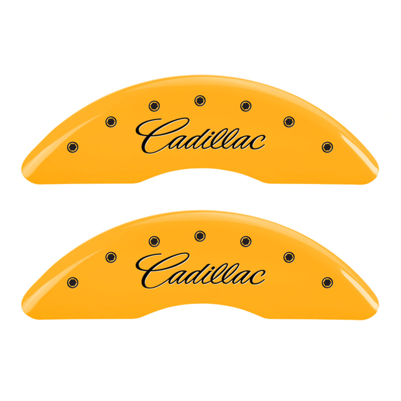 MGP 4 Caliper Covers Engraved Front & Rear Cursive/Cadillac Yellow finish black ch MGP