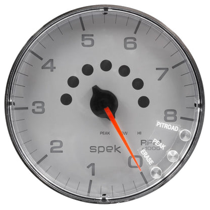 Autometer Spek-Pro Gauge Tachometer 5in 8K Rpm W/Shift Light & Peak Mem Silver/Chrome P238218