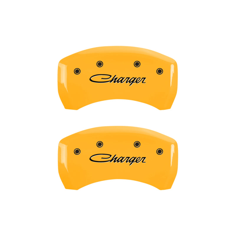 MGP 4 Caliper Covers Engraved Front & Rear Cursive/Charger Yellow finish black ch MGP