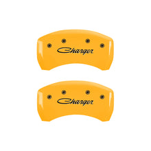 Load image into Gallery viewer, MGP 4 Caliper Covers Engraved Front &amp; Rear Cursive/Charger Yellow finish black ch MGP