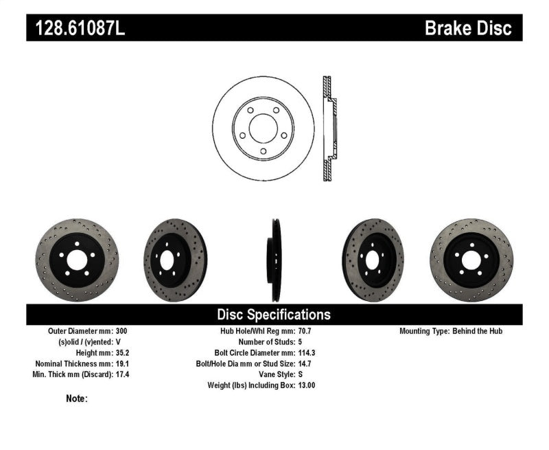 StopTech 05-10 Ford Mustang V6/4.0L / GT V8/4.6L Cross Drilled Left Rear Rotor - eliteracefab.com