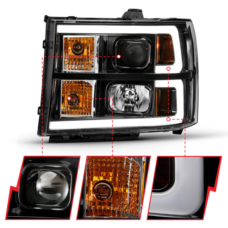 ANZO 2007-2013 Gmc Sierra 1500 Projector Headlight Plank Style Black w/ Clear Lens Amber - eliteracefab.com