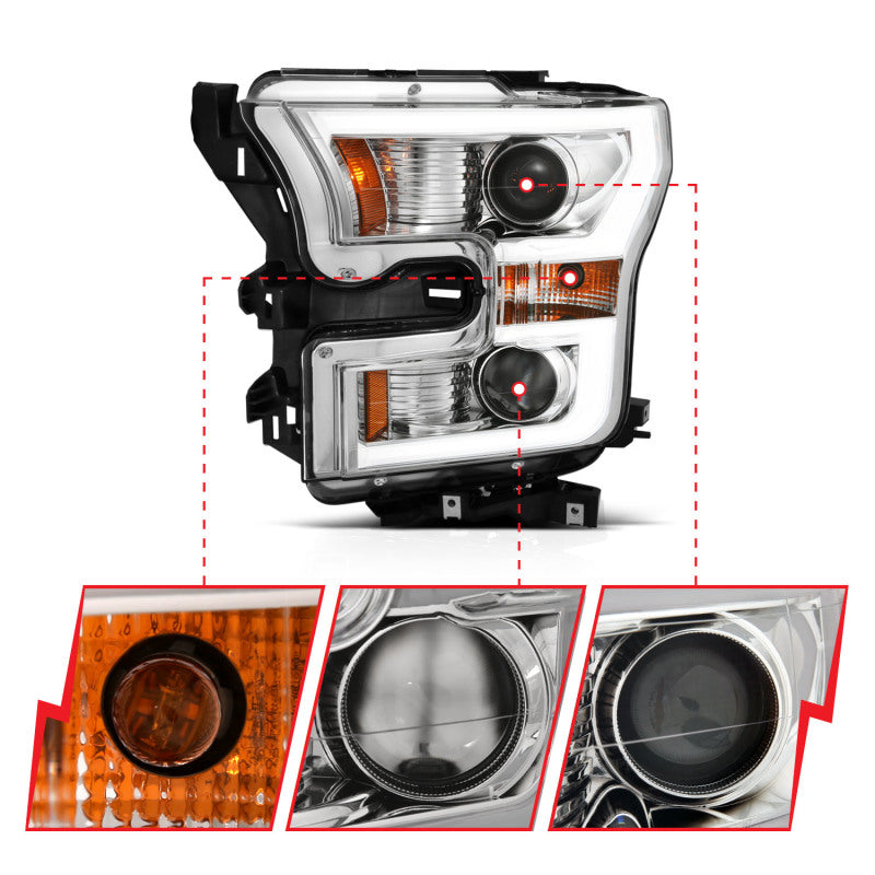 ANZO USA Ford F-150 Projector Headlights W/ Plank Style Switchback Chrome W/ Amber; 2015-2017 - eliteracefab.com