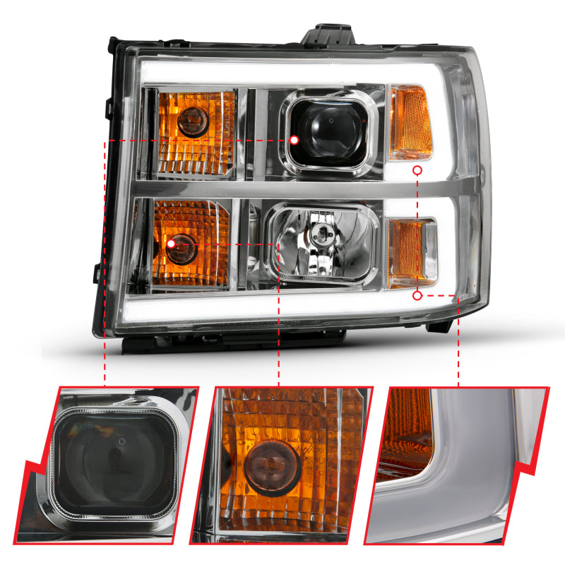 ANZO 2007-2013 Gmc Sierra 1500 Projector Headlight Plank Style Chrome w/ Clear Lens Amber - eliteracefab.com