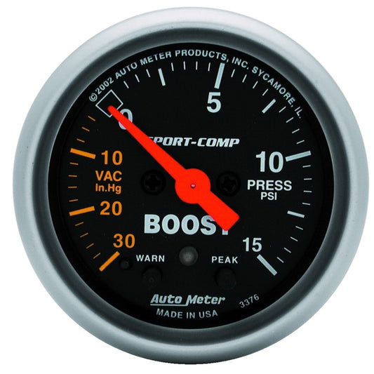 Autometer Sport-Comp 52mm Electronic  Full Sweep 30 In Hg.-Vac./15 PSI Boost Gauge 3376