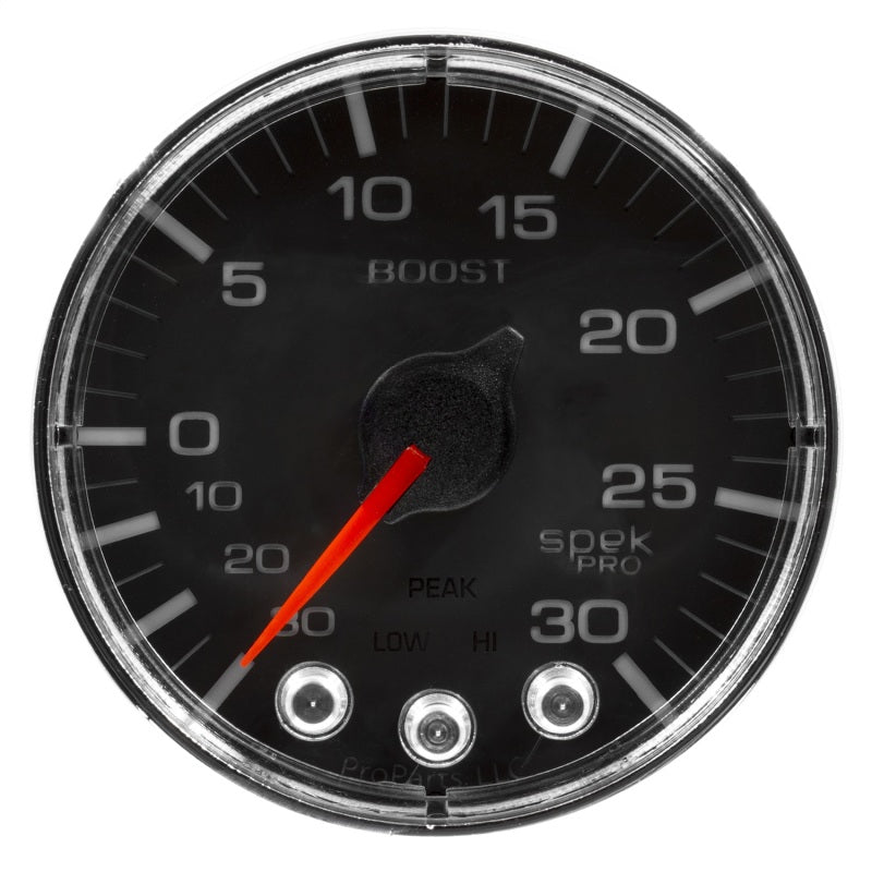 Autometer Spek-Pro Gauge Vac/Boost 2 1/16in 30Inhg-30psi Stepper Motor W/Peak & Warn Black/Chrome P302318
