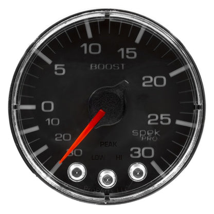 Autometer Spek-Pro Gauge Vac/Boost 2 1/16in 30Inhg-30psi Stepper Motor W/Peak & Warn Black/Chrome P302318