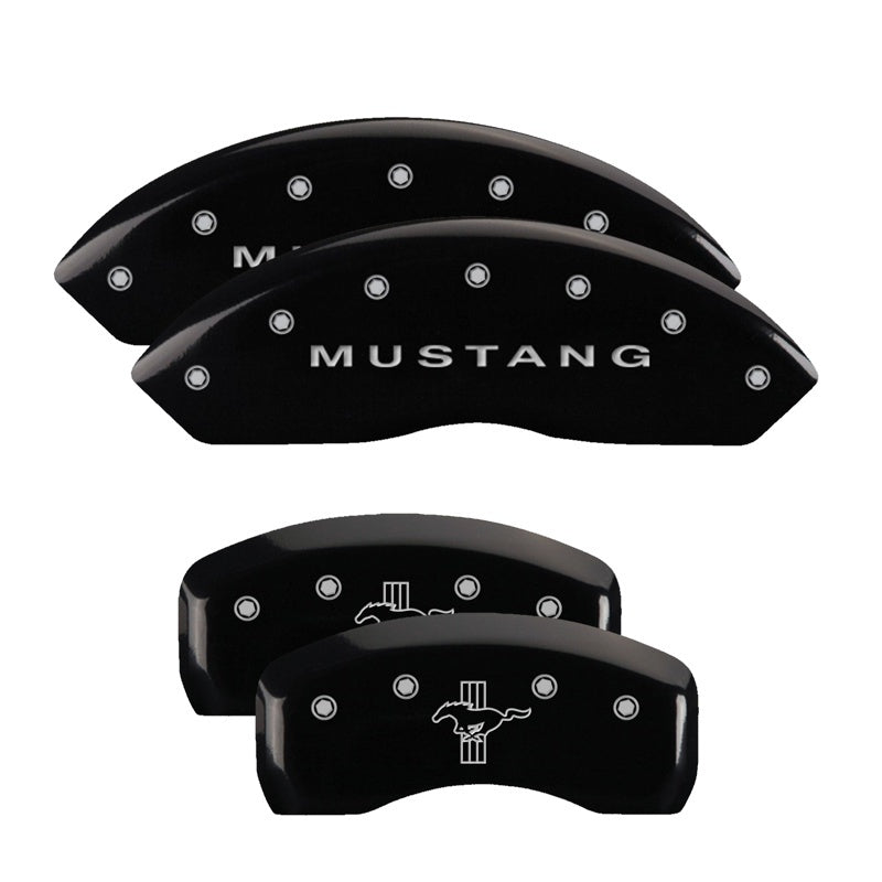 MGP 4 Caliper Covers Engraved Front Mustang Engraved Rear Bar & Pony Black finish silver ch MGP