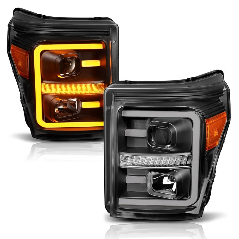 ANZO 2011-2016 Ford F250 Projector Headlights w/ Plank Style Switchback Black w/ Amber - eliteracefab.com