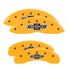 Load image into Gallery viewer, MGP 4 Caliper Covers Engraved Front &amp; Rear Chevrolet 100 Anniversary Logo Yellow Finish Black Charac MGP