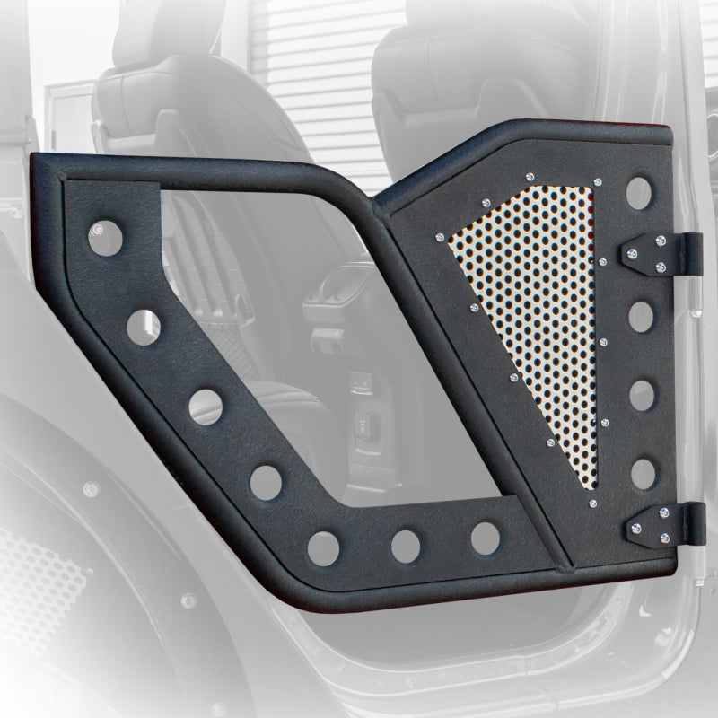 DV8 Offroad Jeep 18+ Wrangler JL / 20+ Gladiator JT Rear Rock Doors w/ Perforated Aluminum Mesh - eliteracefab.com