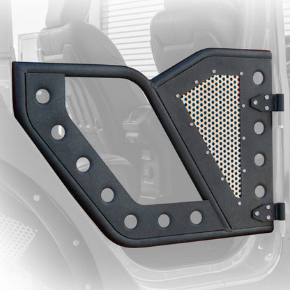 DV8 Offroad Jeep 18+ Wrangler JL / 20+ Gladiator JT Rear Rock Doors w/ Perforated Aluminum Mesh - eliteracefab.com