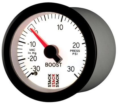 Autometer Stack 52mm -30INHG to +30 PSI (Incl T-Fitting) Mechanical Boost Pressure Gauge - White ST3162