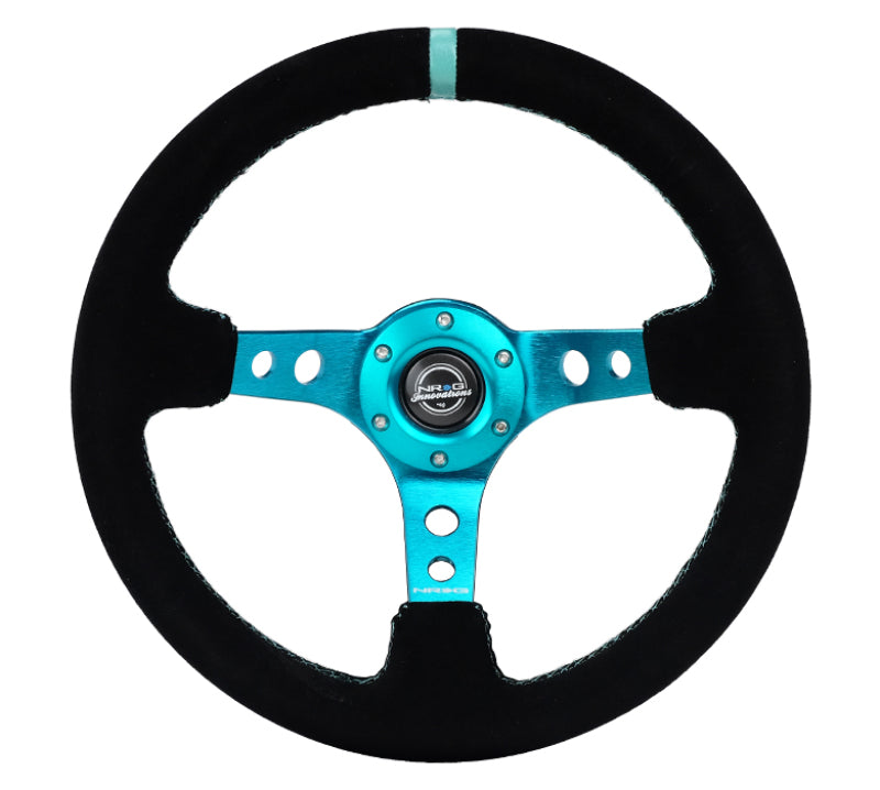 NRG Reinforced Steering Wheel (350mm/ 3in. Deep) Black Suede/ Teal Center Mark/ Teal Stitching - RST-006S-TL NRG