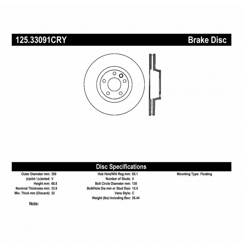 Centric Premium 03-18 Porsche Cayenne Front Right CRYO-STOP Rotor Stoptech