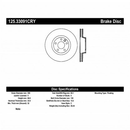 Centric Premium 03-18 Porsche Cayenne Front Right CRYO-STOP Rotor Stoptech