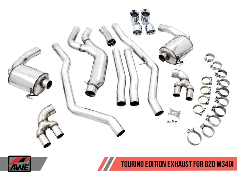 AWE Tuning 2019+ BMW M340i (G20) Non-Resonated Touring Edition Exhaust - Quad Chrome Silver Tips - eliteracefab.com