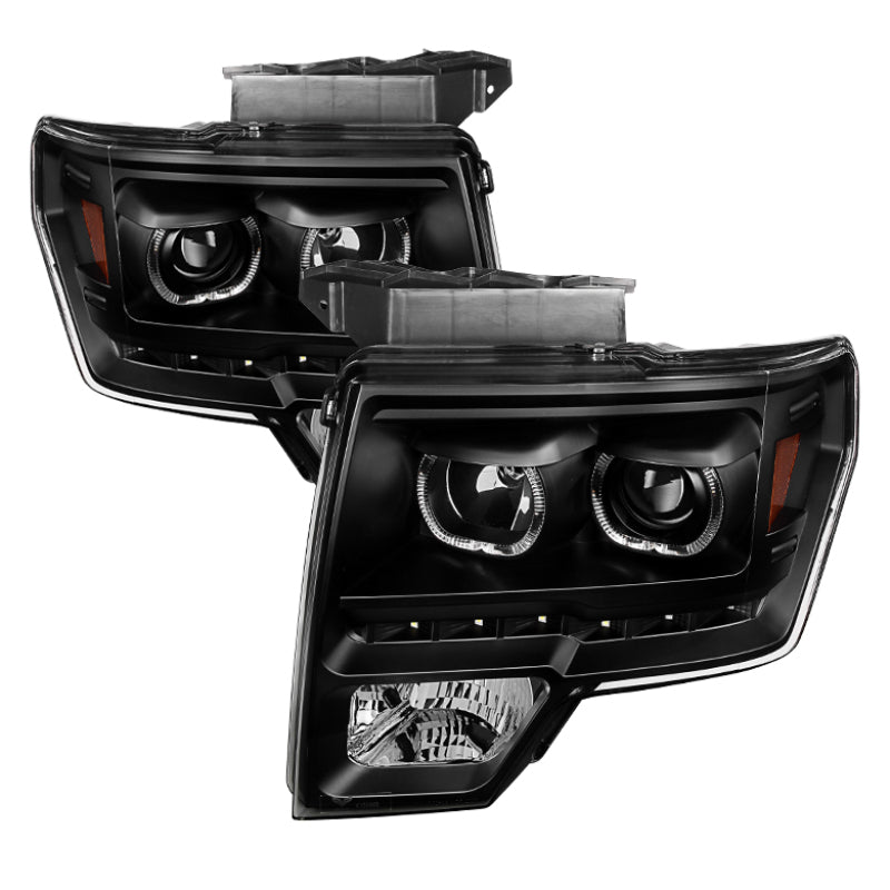 Xtune Ford F150 09-14 Projector Headlights Halogen Model Only LED Halo Black PRO-JH-FF15009-CFB-BK - eliteracefab.com