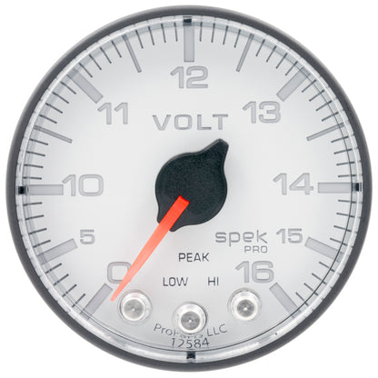 Autometer Spek-Pro Gauge Voltmeter 2 1/16in 16V Stepper Motor W/Peak & Warn Wht/Blk P344128