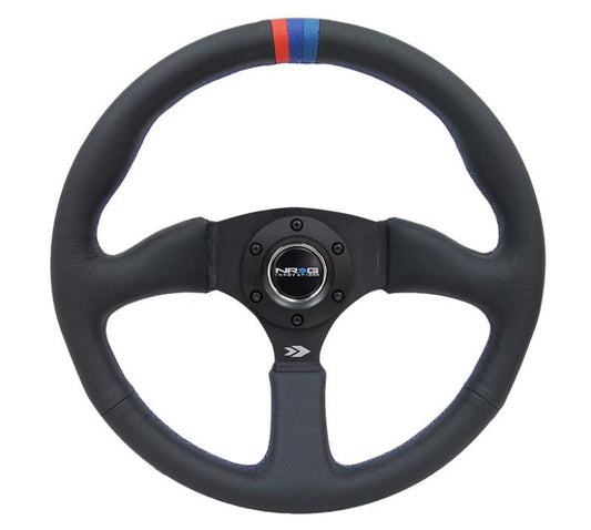 NRG Innovations 350mm Reinforced 2.5in Deep Steering Wheel - Leather - Matte Black Spokes - M3 Tri-Color Stitch – RST-023MB-R-M3