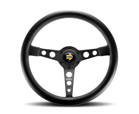 Momo Prototipo Steering Wheel 350 mm - Black Leather/Wht Stitch/Black Spokes - eliteracefab.com