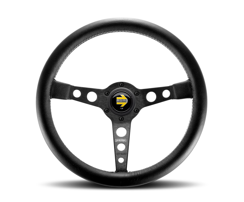 Momo Prototipo Steering Wheel 350 mm - Black Leather/Wht Stitch/Black Spokes - eliteracefab.com