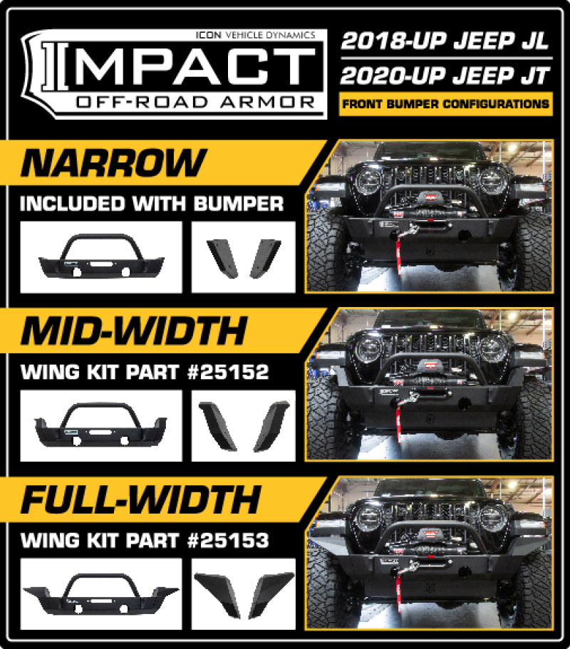 ICON 2018+ Jeep Wrangler JL / 2020+ JT Front Impact Bumper Mid Width Wings ICON