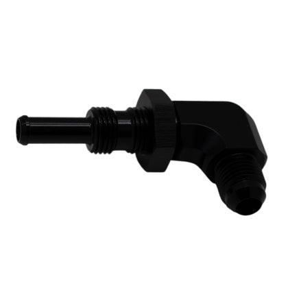 DeatschWerks 6AN Male Flare to 5/16in Male Barb Bulkhead Adapter 90-Degree - Anodized Matte Black - eliteracefab.com