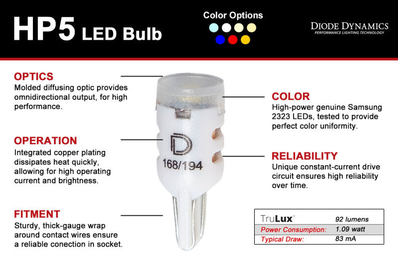 Diode Dynamics 194 LED Bulb HP5 LED Pure - White Set of 12