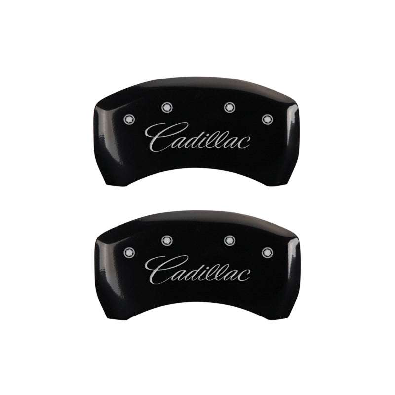 MGP 4 Caliper Covers Engraved F & R Cursive/Cadillac Black Finish Silver Char 2017 Cadillac XT5 MGP