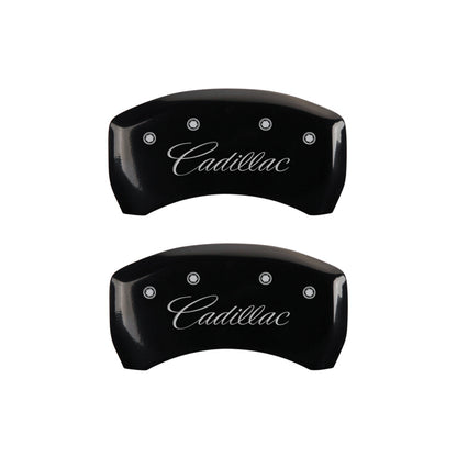 MGP 4 Caliper Covers Engraved F & R Cursive/Cadillac Black Finish Silver Char 2017 Cadillac XT5 MGP