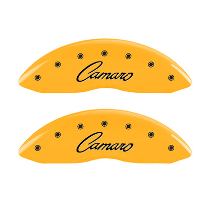 MGP 4 Caliper Covers Engraved Front & Rear Cursive/Camaro Yellow finish black ch MGP