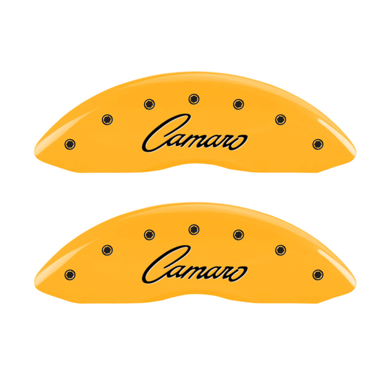 MGP 4 Caliper Covers Engraved Front & Rear Cursive/Camaro Yellow finish black ch MGP