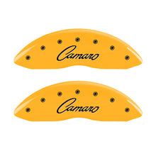 Load image into Gallery viewer, MGP 4 Caliper Covers Engraved Front &amp; Rear Cursive/Camaro Yellow finish black ch MGP