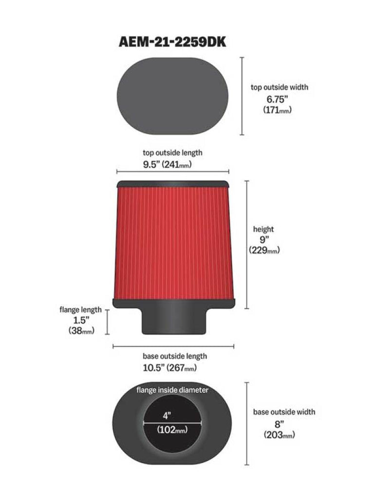 AEM 4.00 inch Dryflow Air Filter Oval 9.00 inch Element - eliteracefab.com