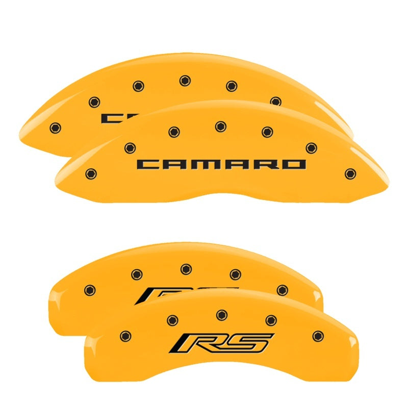 MGP 4 Caliper Covers Engraved Front Gen 5/Camaro Engraved Rear Gen 5/RS Yellow finish black ch MGP